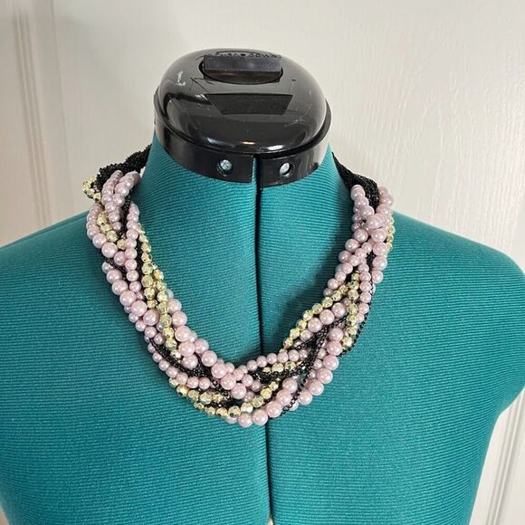 Vintage Multi Layer Twisted Beaded Faux Pearl Braided Chunky Statement Necklace - Picture 1 of 9